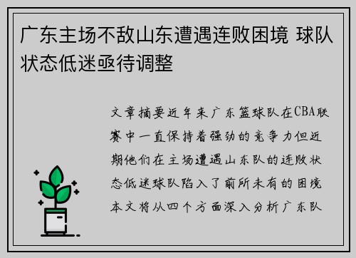 广东主场不敌山东遭遇连败困境 球队状态低迷亟待调整