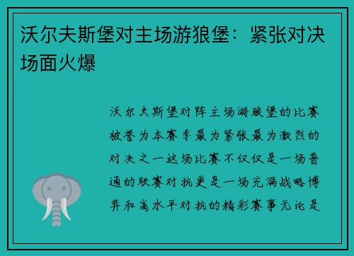沃尔夫斯堡对主场游狼堡：紧张对决场面火爆