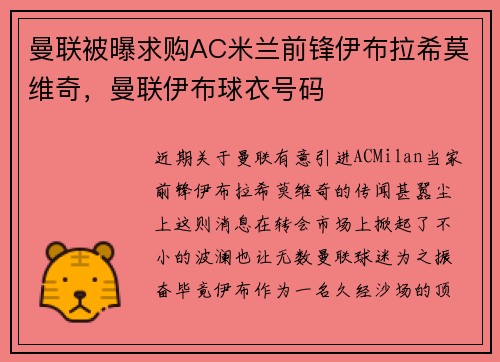 曼联被曝求购AC米兰前锋伊布拉希莫维奇，曼联伊布球衣号码