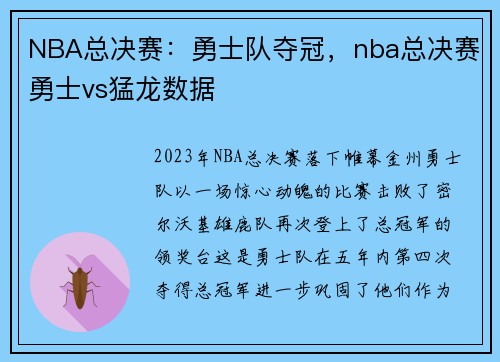 NBA总决赛：勇士队夺冠，nba总决赛勇士vs猛龙数据