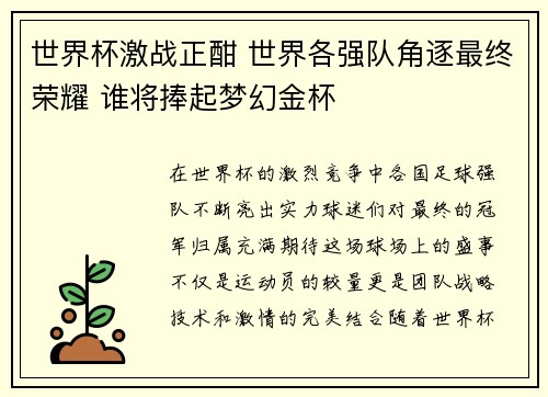 世界杯激战正酣 世界各强队角逐最终荣耀 谁将捧起梦幻金杯