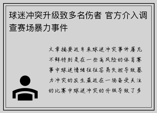 球迷冲突升级致多名伤者 官方介入调查赛场暴力事件