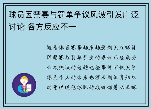 球员因禁赛与罚单争议风波引发广泛讨论 各方反应不一